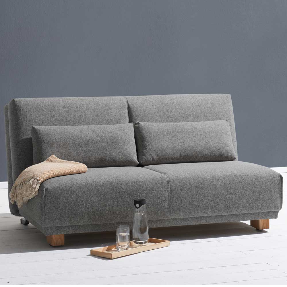 sofa ohne armlehnen mit schlaffunktion in grau stoff & eiche holz - leah