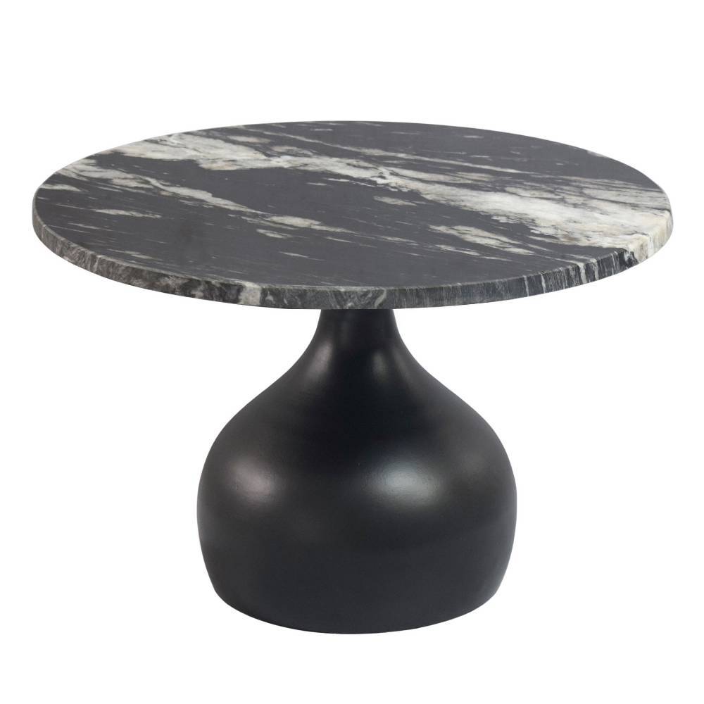 Eleganter runder Couchtisch mit schwarz-weiß gemusterter Marmorplatte und schwarzem Metallgestell – Vuressa