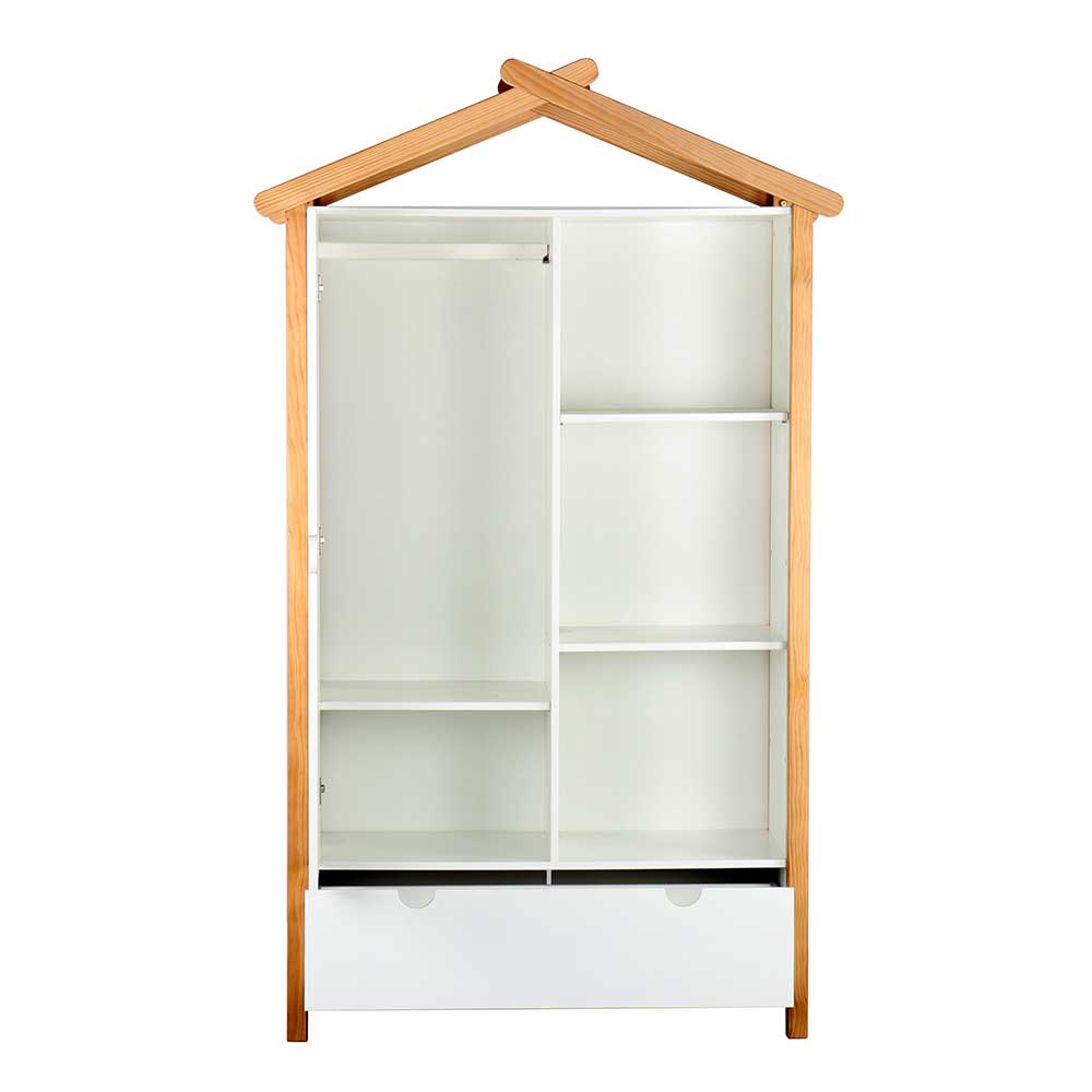 Offener Kinderkleiderschrank mit Kleiderstange, Regalfächern und zwei Schubladen in Weiß – Vathurias