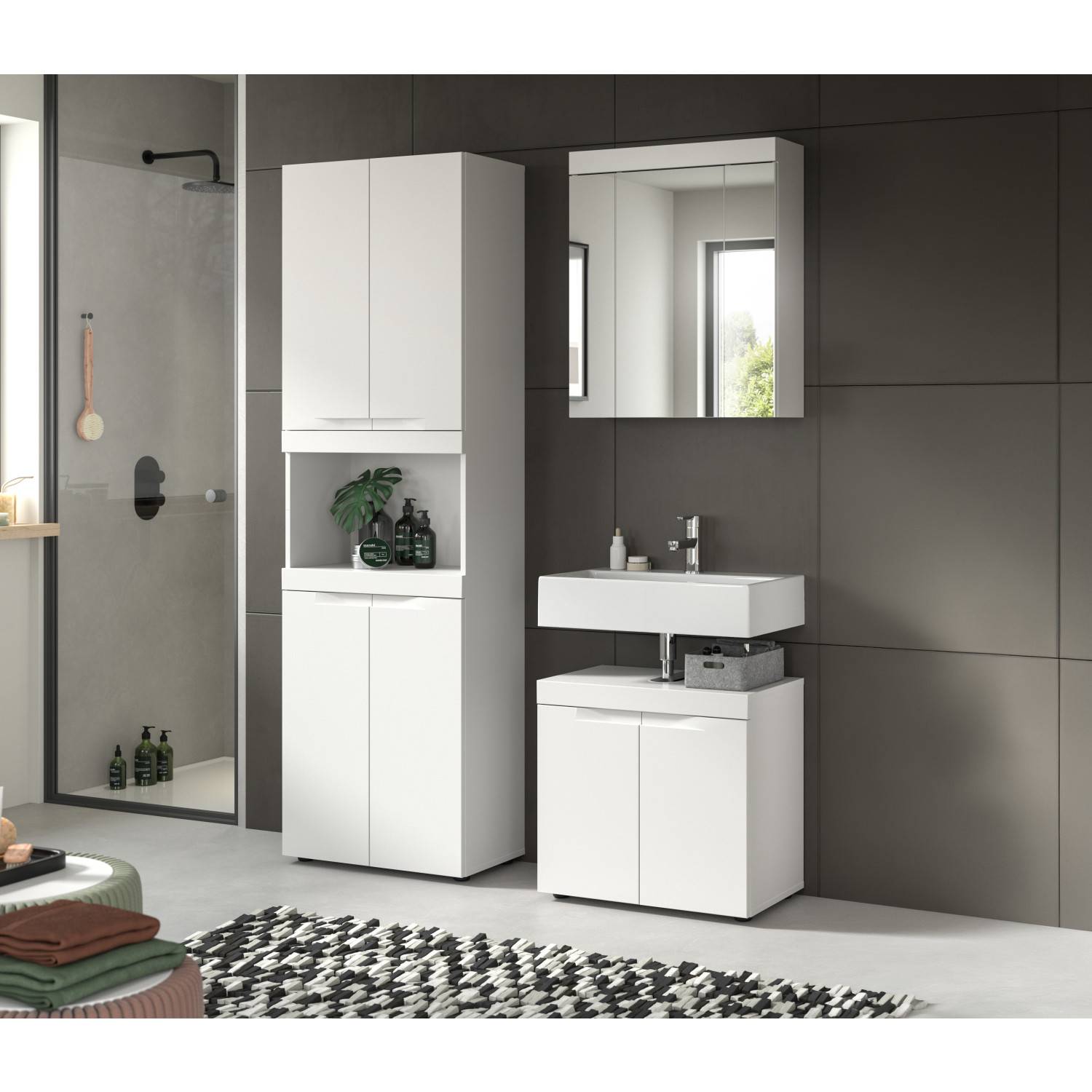 Modernes weißes Badmöbelkomplettset mit Hochschrank, Spiegelschrank und Waschbeckenunterschrank – Bruna