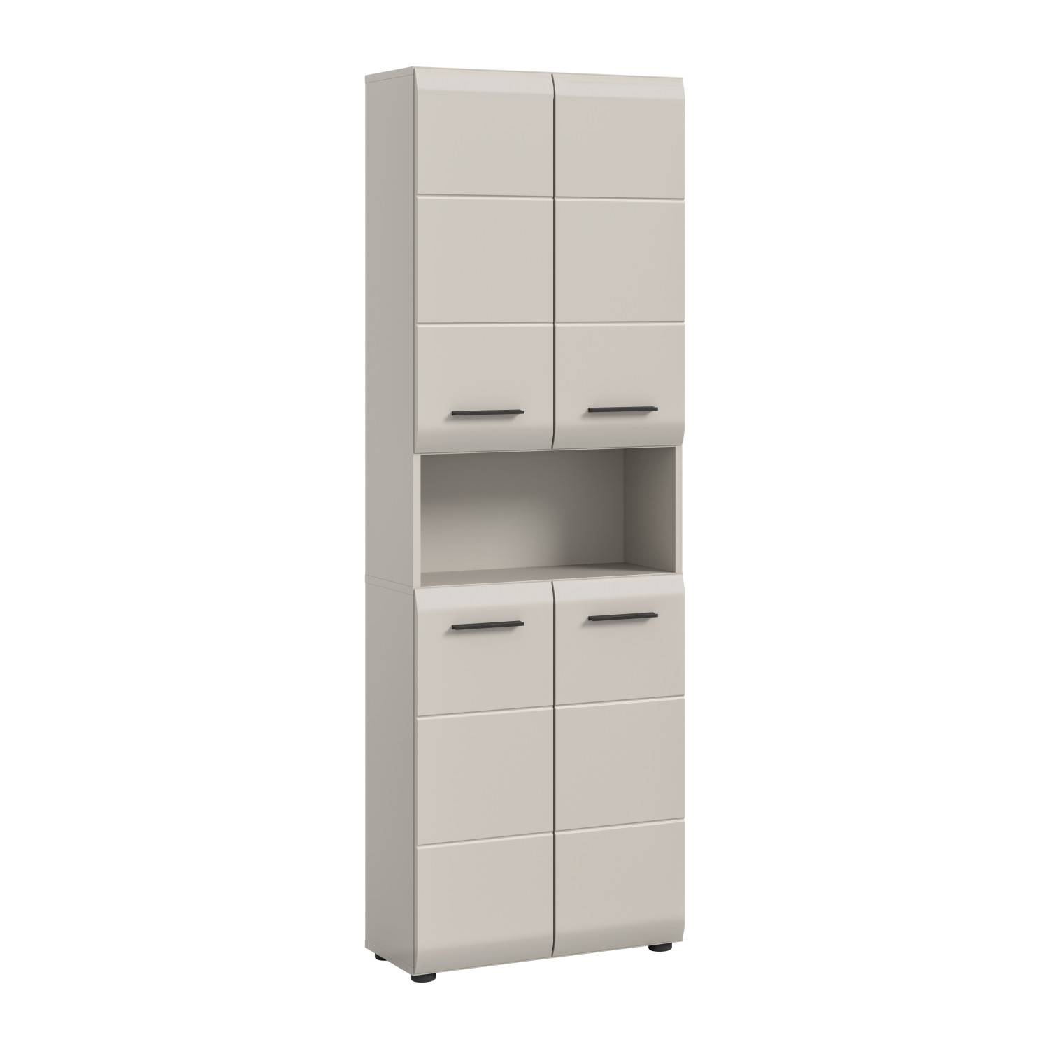 Schmaler beiger Badezimmer Hochschrank mit vielen Staufächern und offenem Regalfach – Donostia