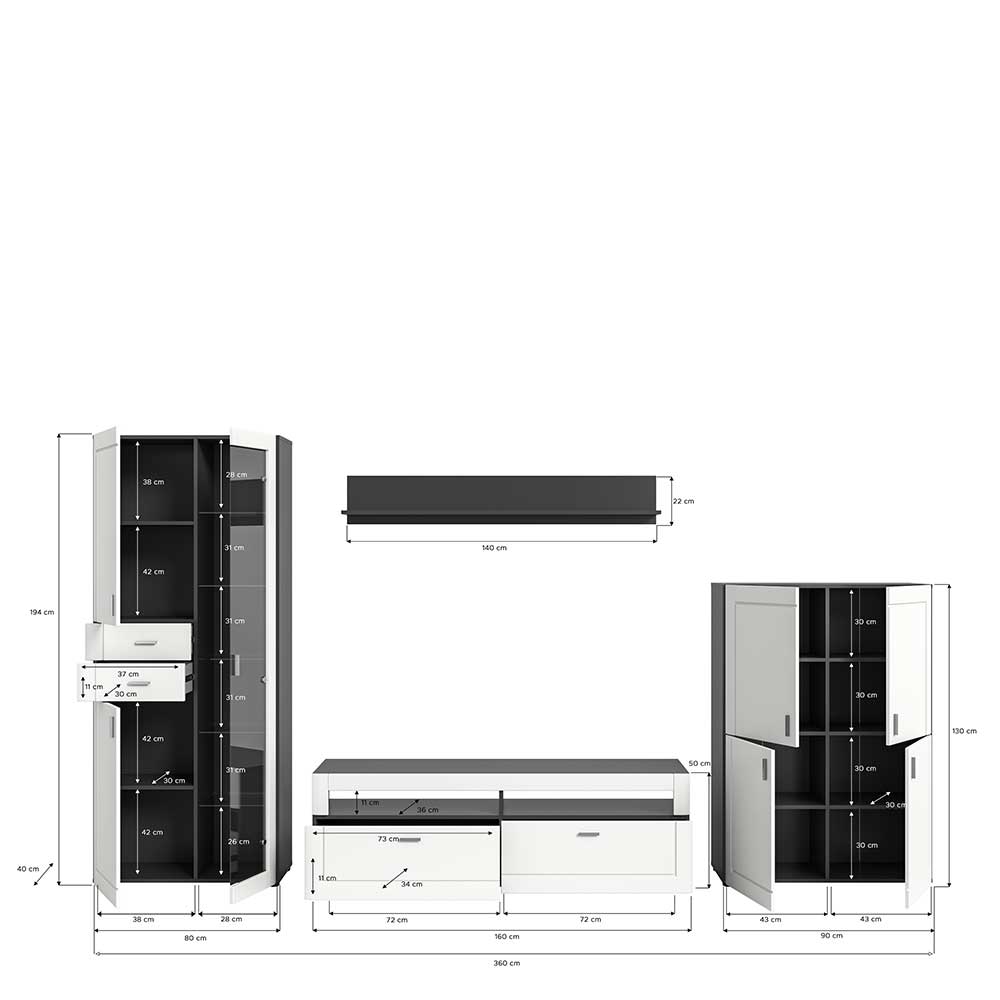 Wohnzimmer Anbauwand in Weiß und Grau - Ungaran (vierteilig)