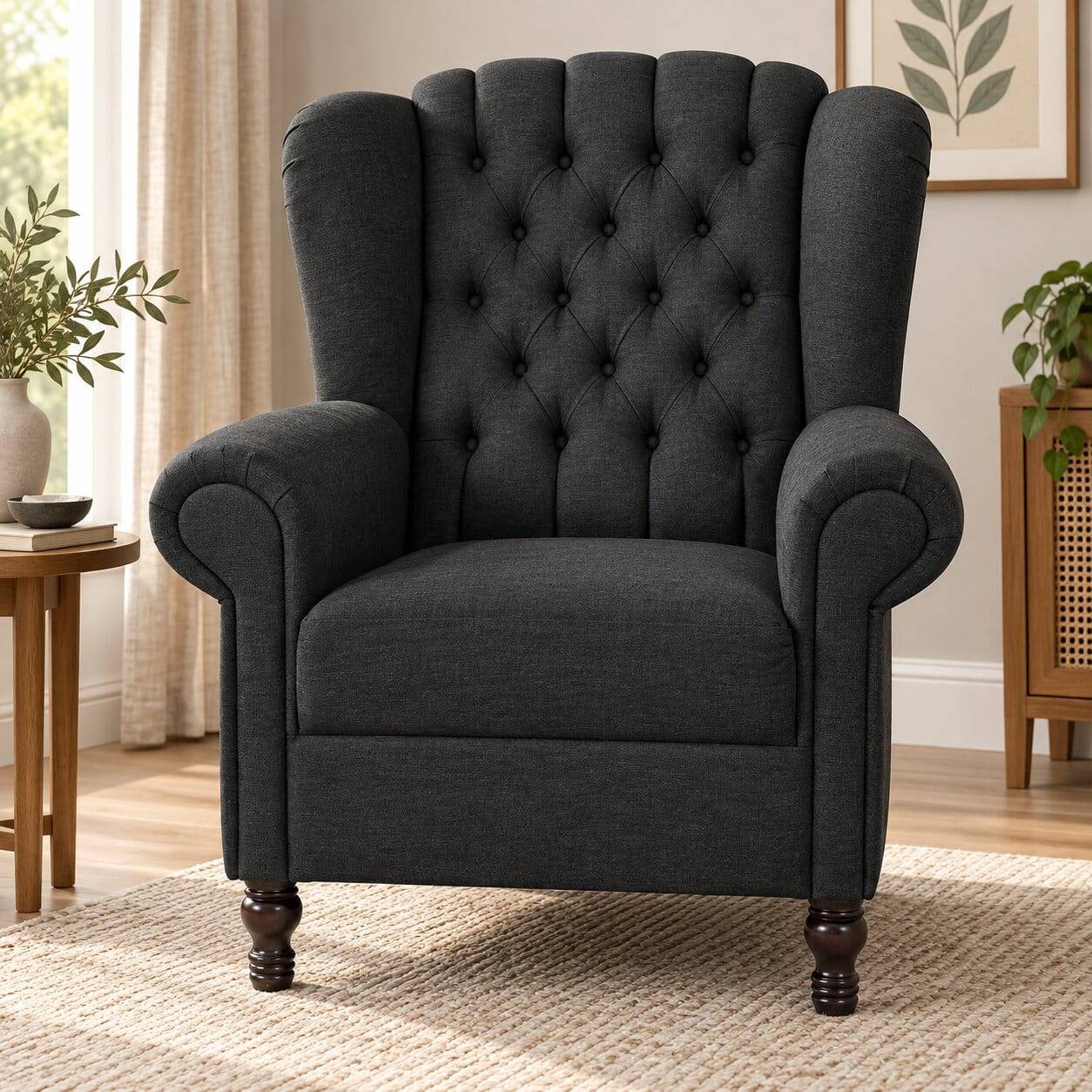 Ohrenbackensessel mit Federkern in Schwarz im Chesterfield Look