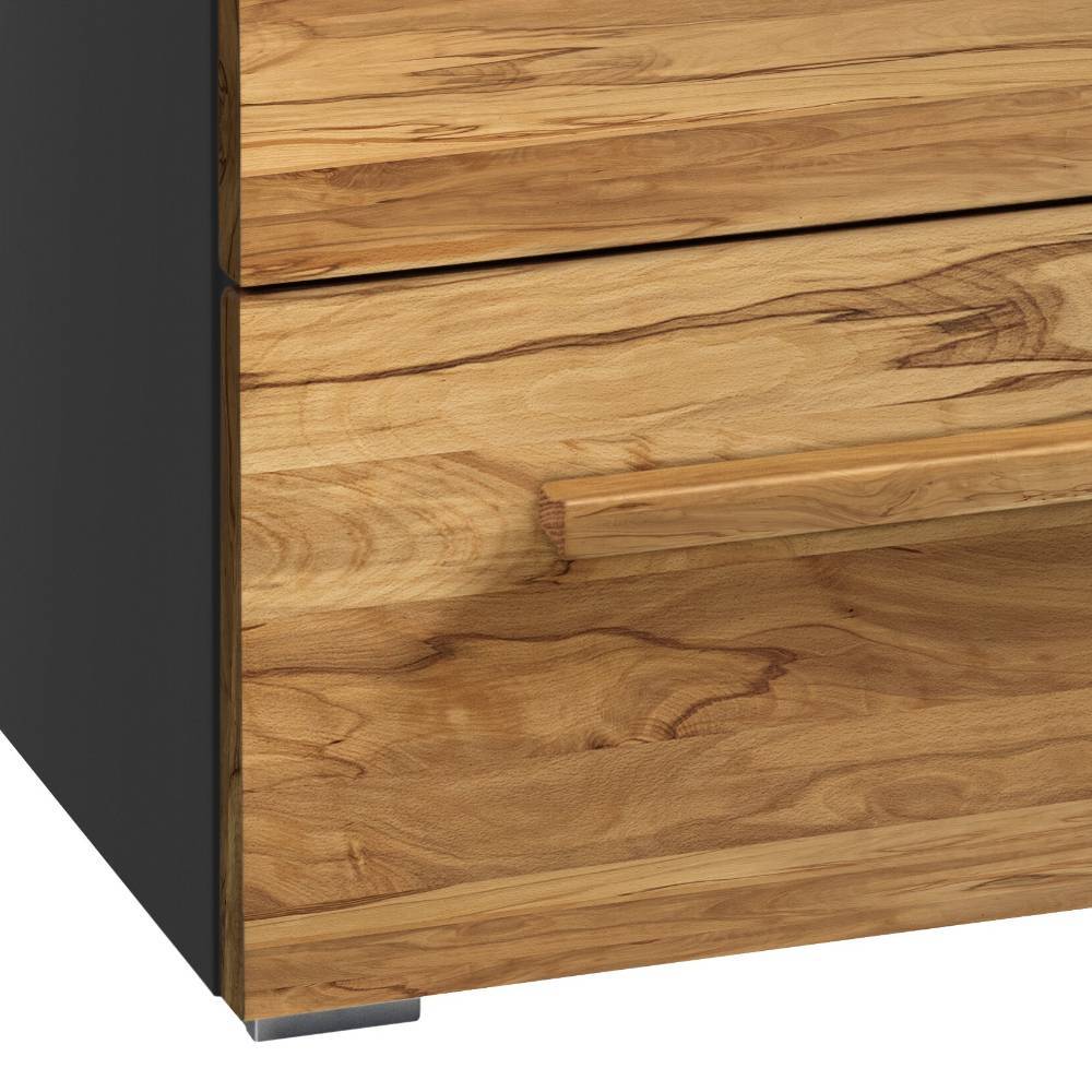 Kommode mit drei Holzschubladen, einem Holzgriff, dunklem Korpus und Metallfüßen – Rosina