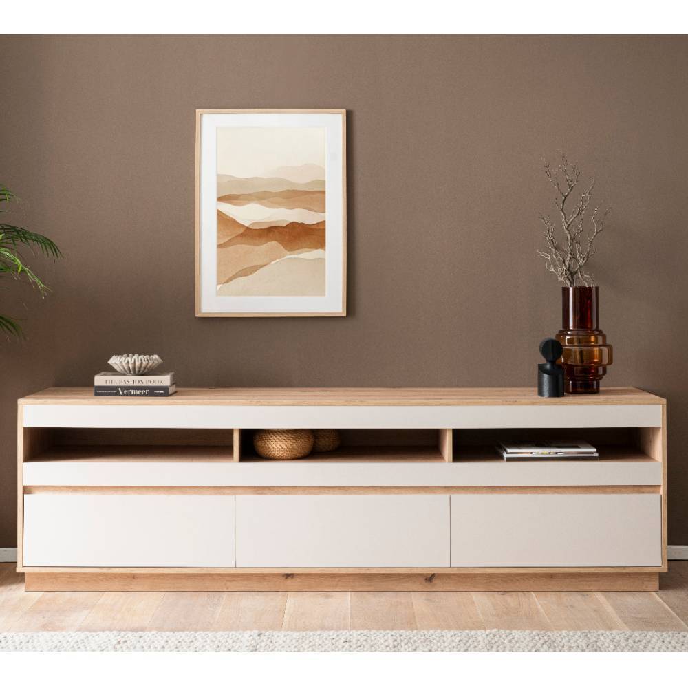 Modernes Wohnzimmer Lowboard in Wildeiche Holzoptik mit weißen Fronten und Stauraum – Spain
