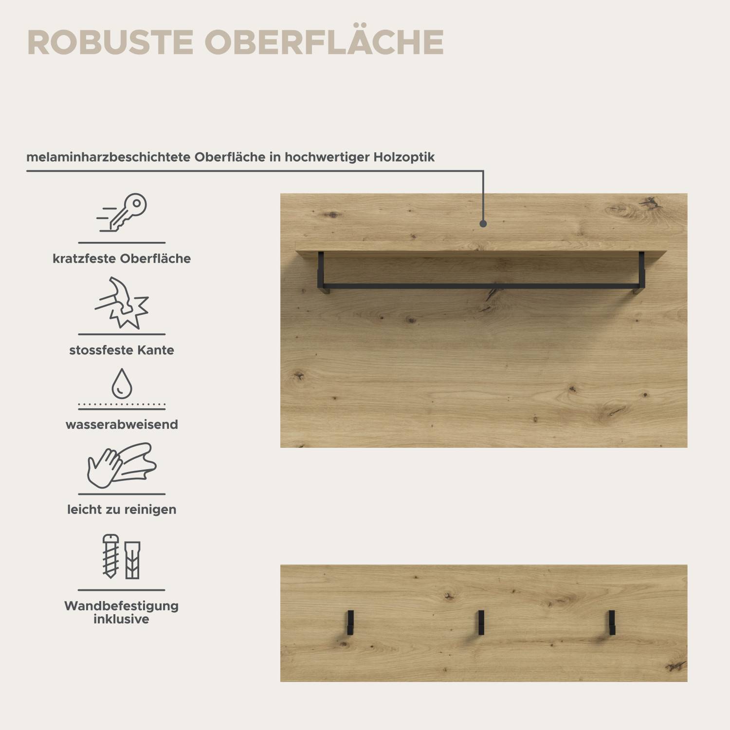 Robuste, kratzfeste und wasserabweisende Oberfläche der Holzoptik-Garderobe – Irysma