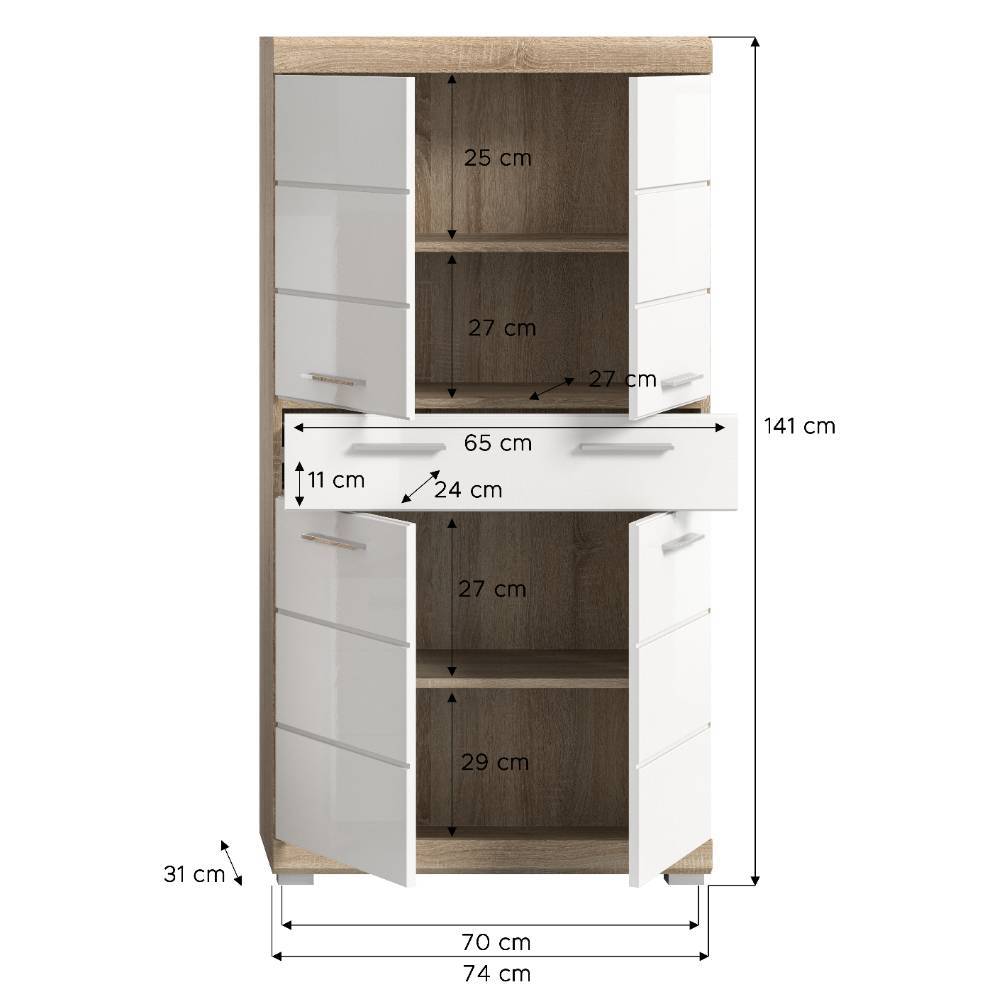 Badezimmer Highboard Maße und Abmessungen in Weiß und Holzoptik – Calbanyara