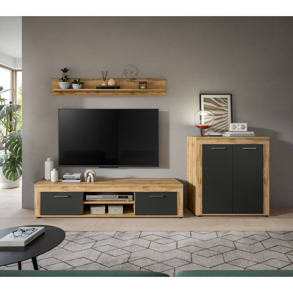 Moderne Wohnwand mit TV-Möbel, Hängeregal und Sideboard in Eichenoptik und Anthrazit – Josie