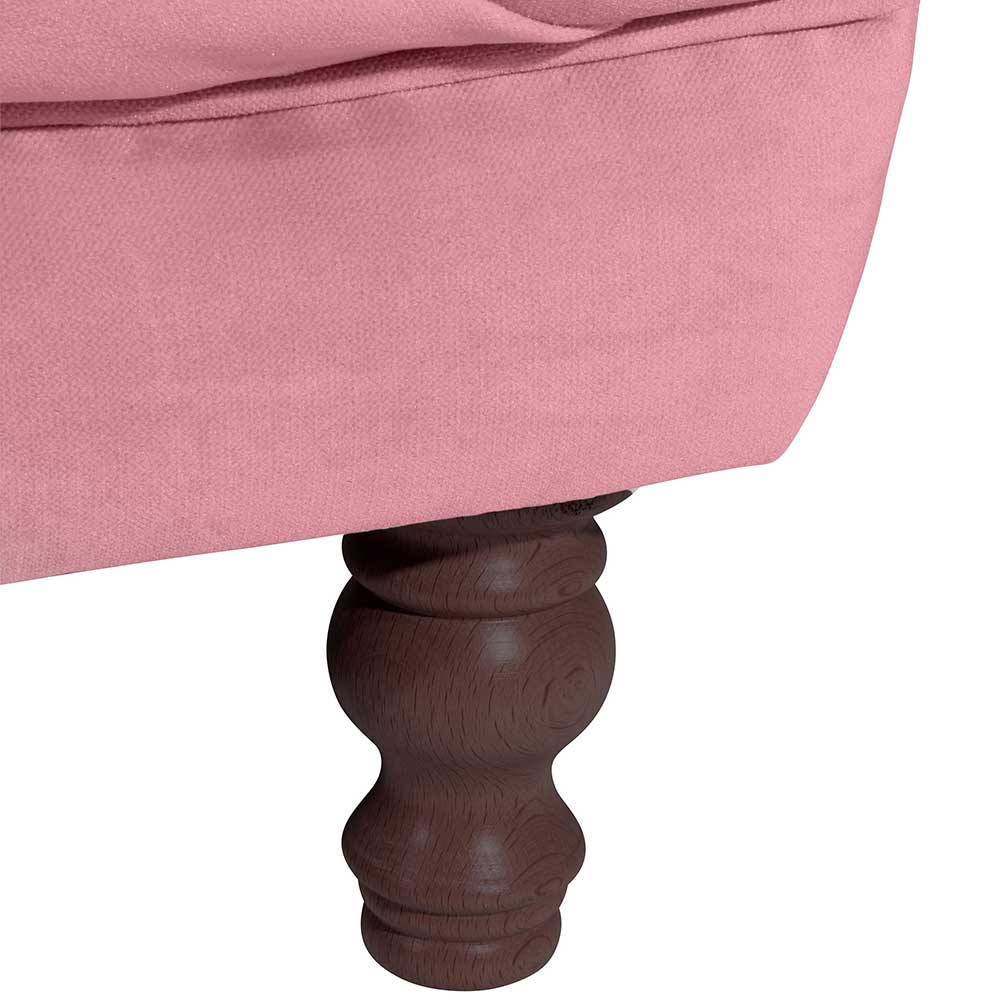Gedrechselter dunkler Holzfuß des rosa Barock Sofas für Wohnzimmer oder Empfang – Clewono