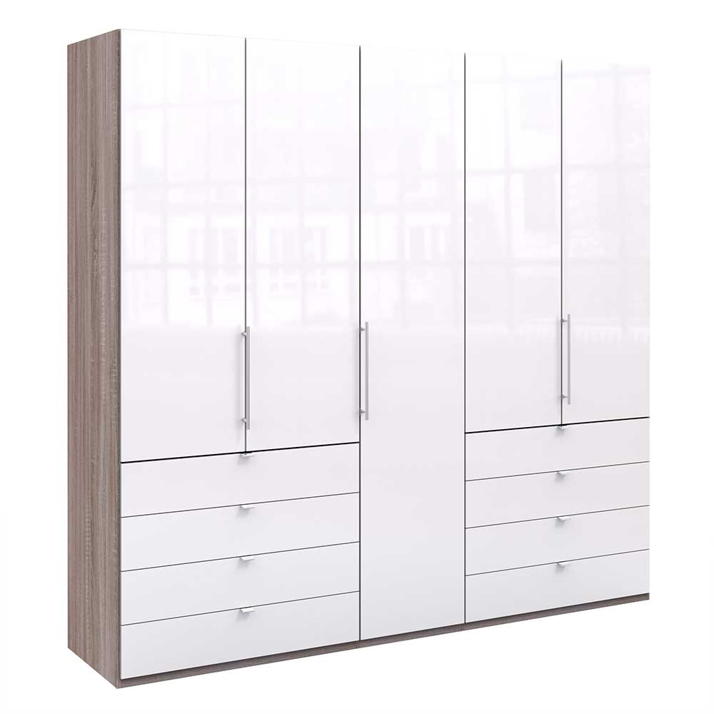 Schlafzimmer Kombi-Kleiderschrank 14cm hoch in Weiß Glas & Eiche dunkel  foliert - Empresian