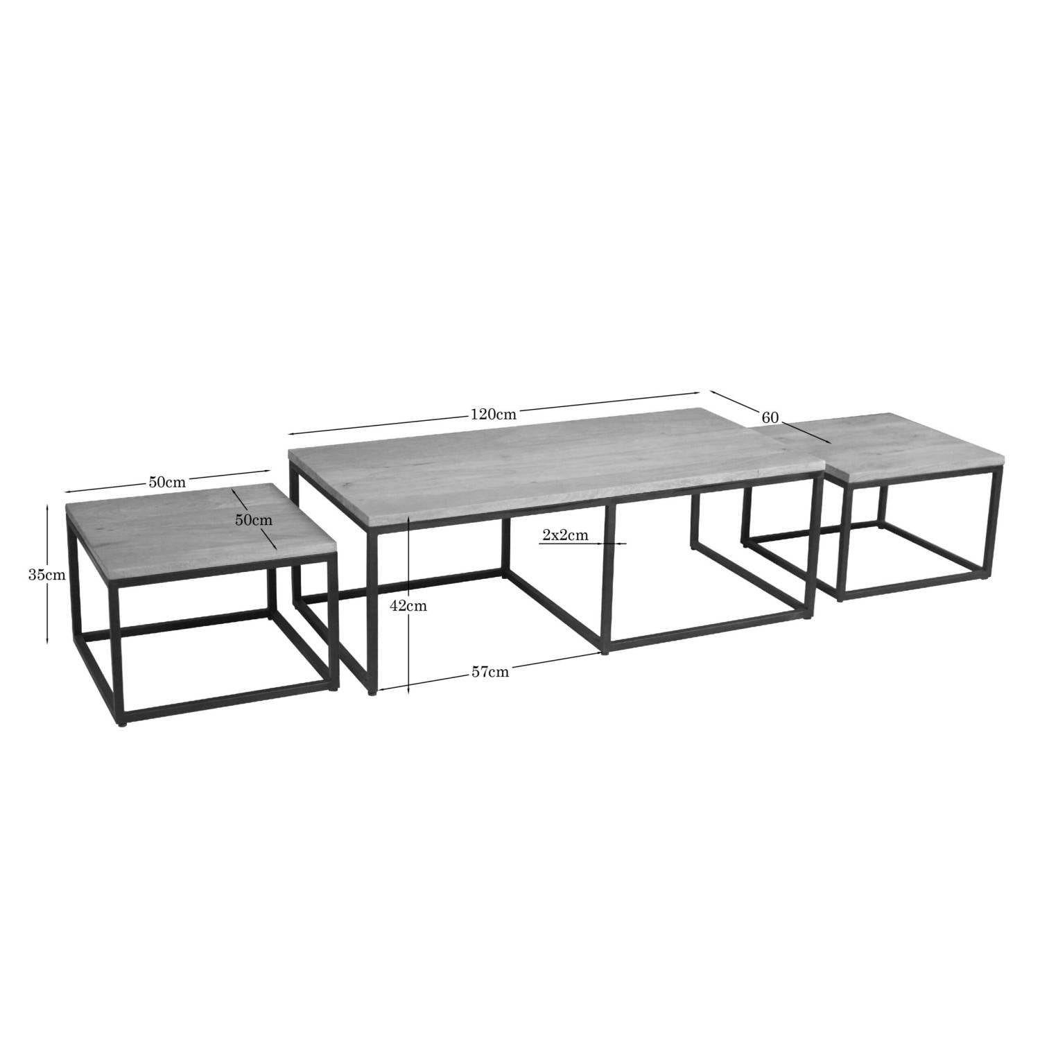 Maße und Abmessungen des dreiteiligen Industrial Couchtisches aus Massivholz und Metall – Drovens