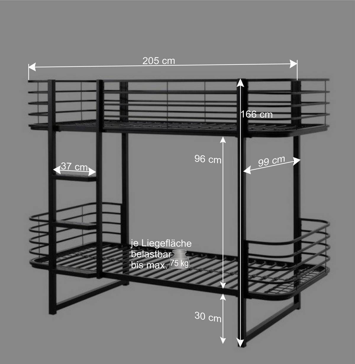 Modernes Stockbett aus Metall in Schwarz - Plentios