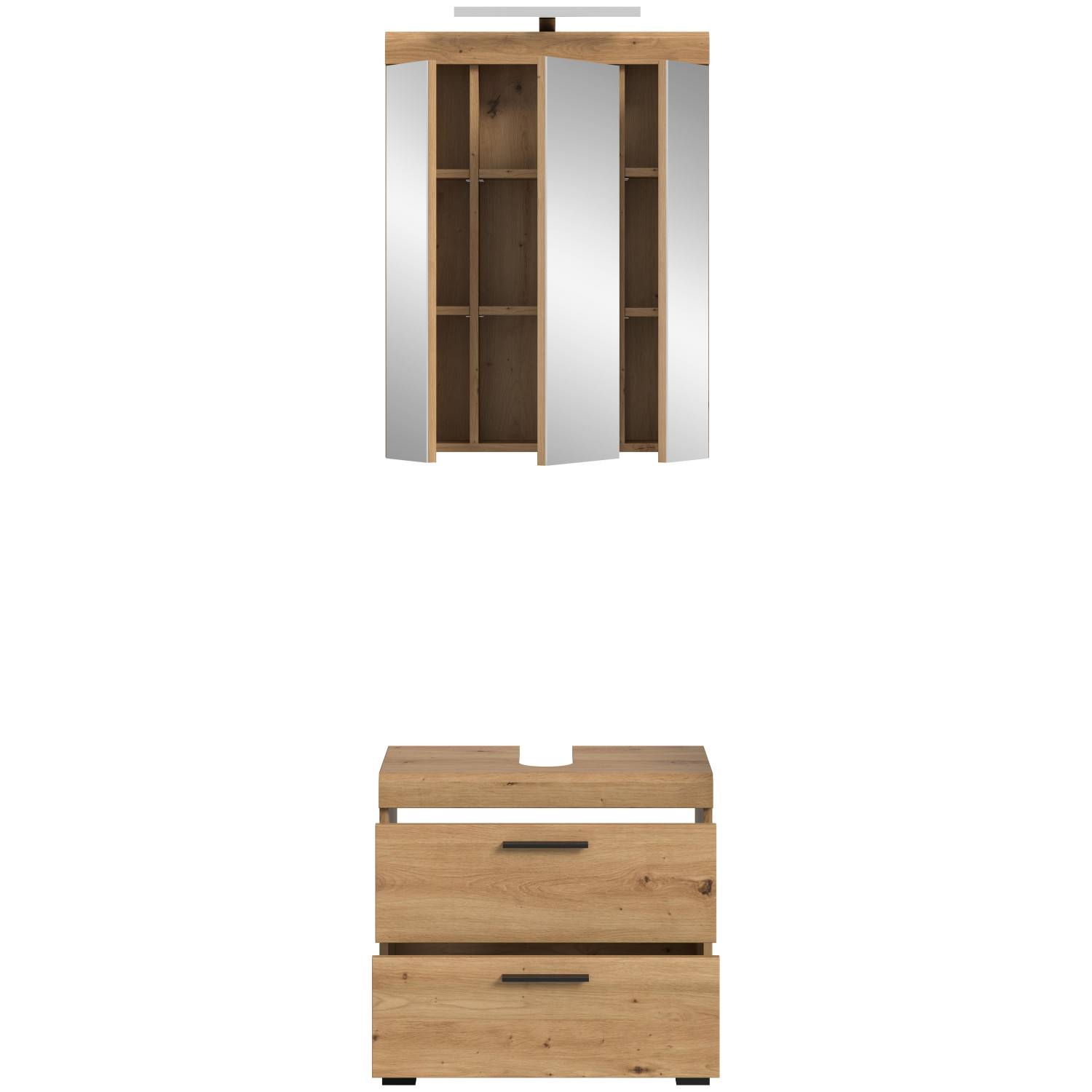 Badspiegelschrank mit geöffneten Spiegeltüren und Waschtischunterschrank in Holzoptik – Lasewood