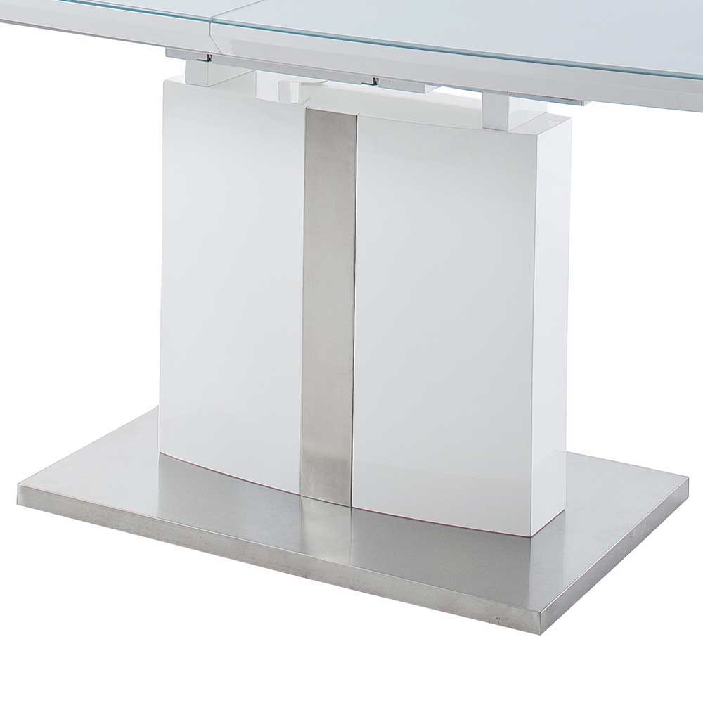 Hochglanz Säulentisch in Weiß Sesedra mit Glas & Edelstahl