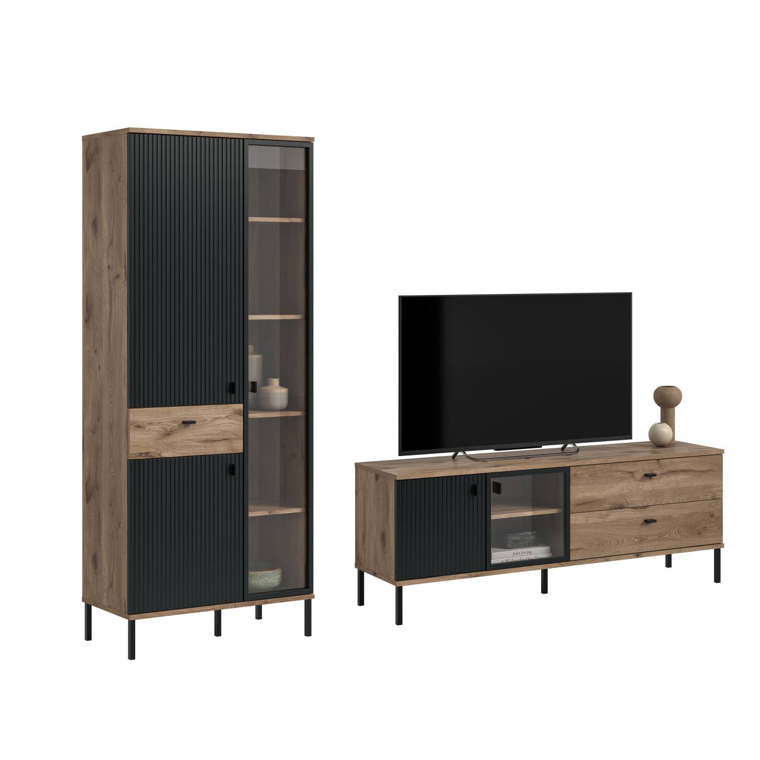 Zweiteilige Anbauwand mit TV-Möbel und Vitrinenschrank in Holzoptik und schwarzen Lamellen – Rasmus