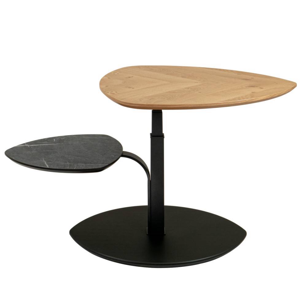 Moderner Sofatisch mit asymmetrischen Platten aus Holz und Stein auf stabilem schwarzen Fuß – Malivio