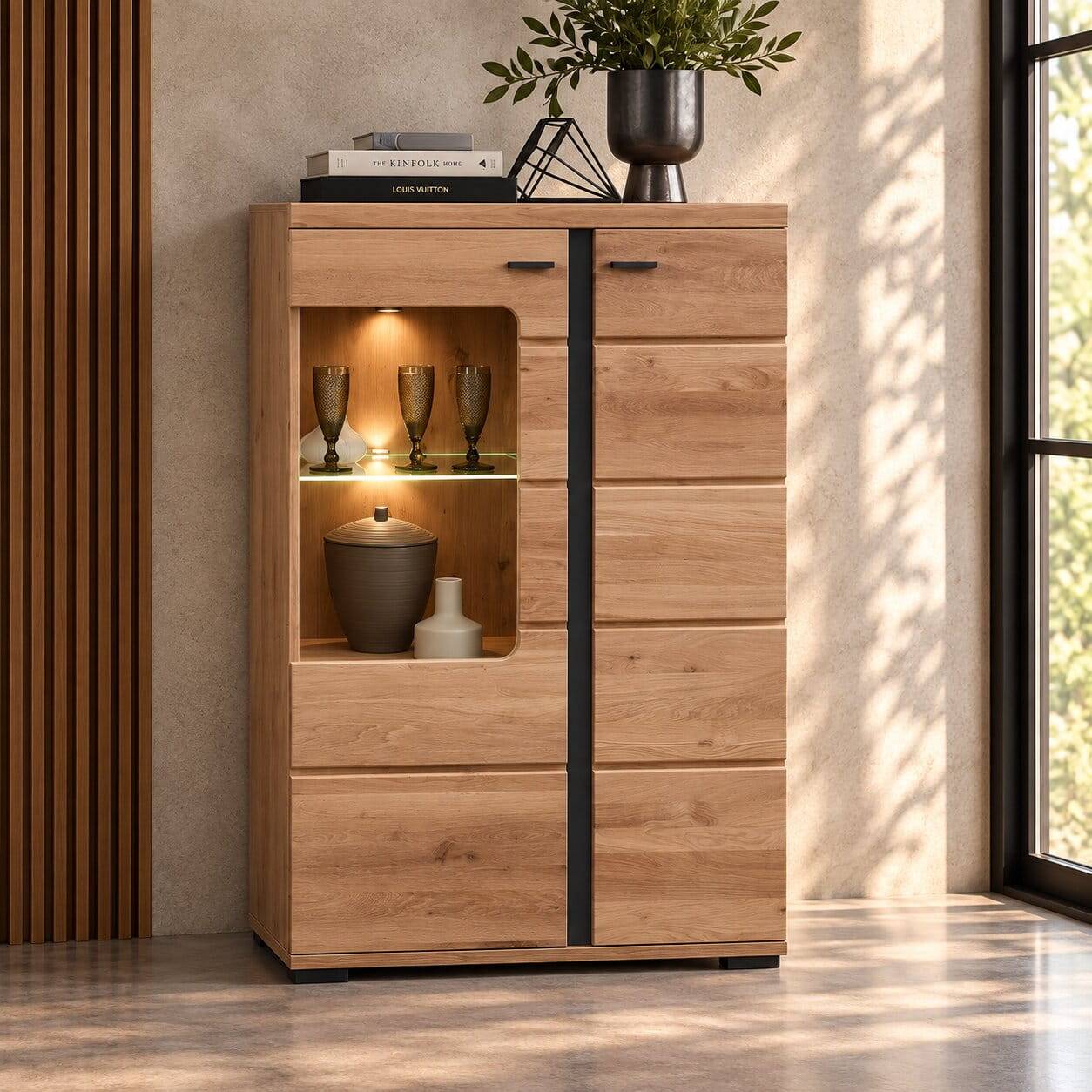 Highboard mit Glaseinsatz und LED Beleuchtung - Latenda