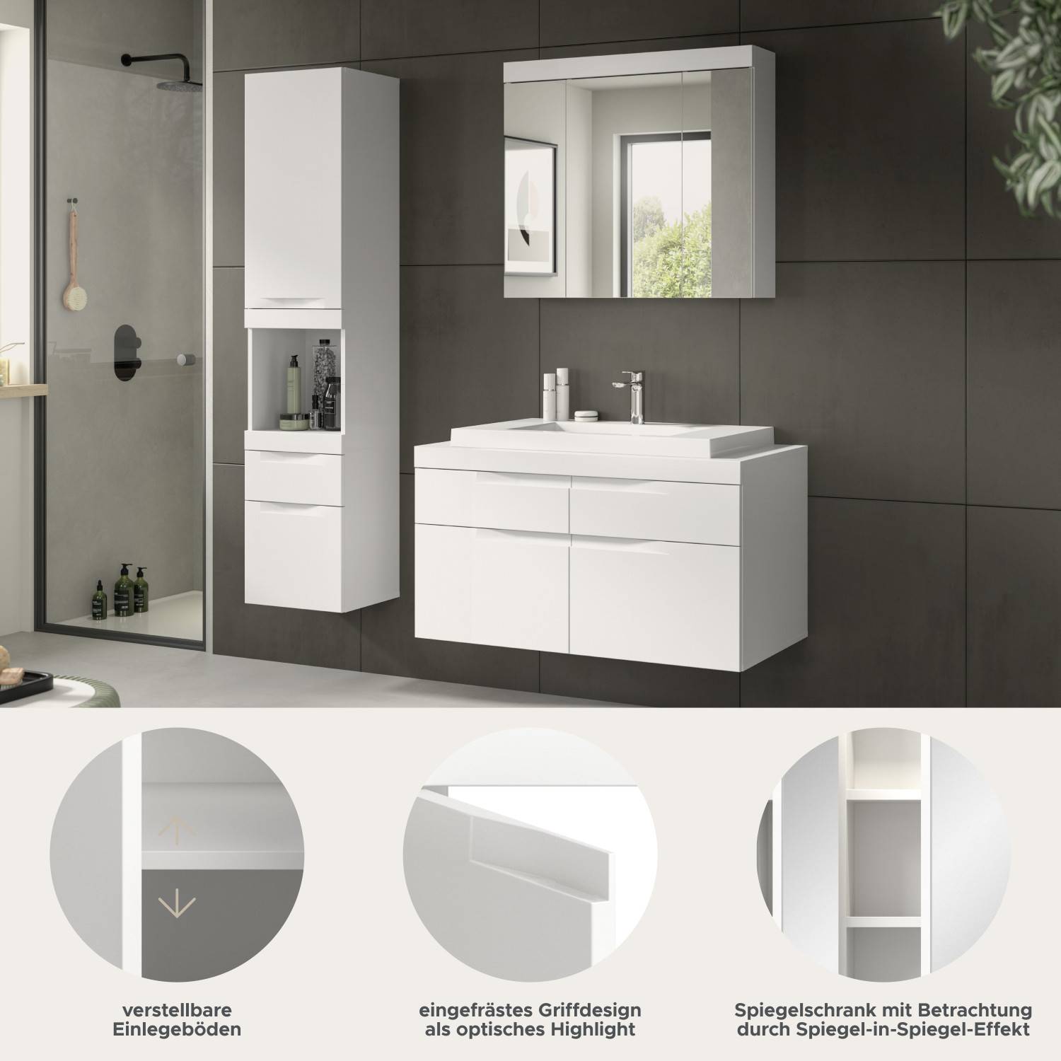 Funktionen des Badmöbel-Sets: verstellbare Böden, Griffdesign und Spiegelschrank – Bruna
