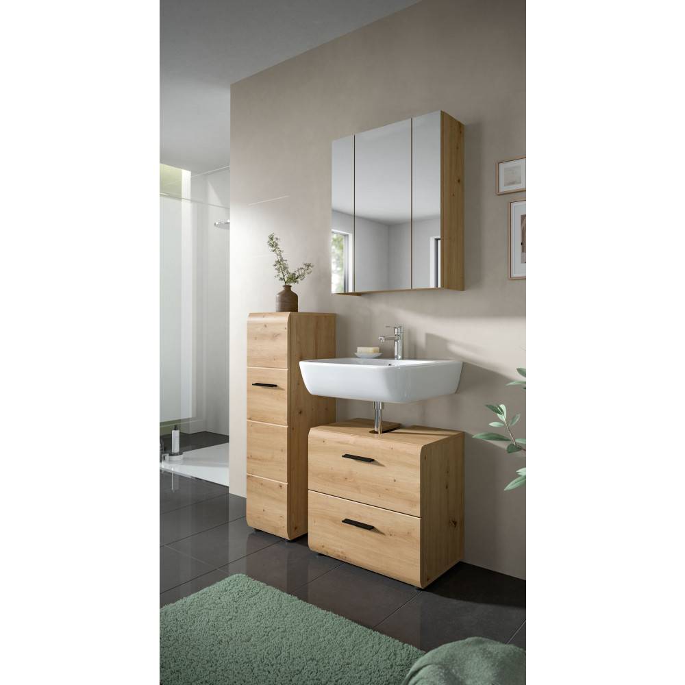 Dreiteiliges Badezimmerset in Holzoptik mit Waschtisch, Spiegelschrank und Hochschrank für modernes Bad – Canopus