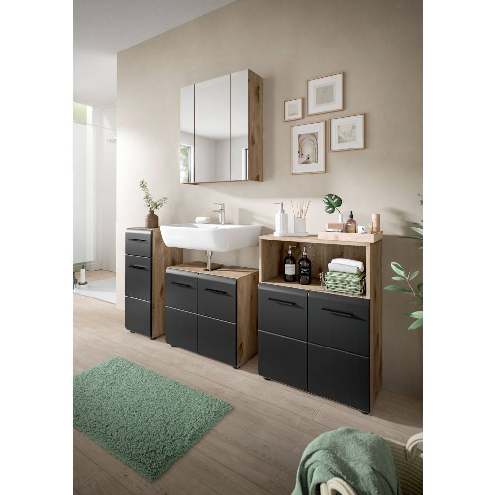Modernes Badmöbel Set mit Waschbecken, Spiegelschrank, Hochschrank und Seitenschrank in Holzoptik – Karina