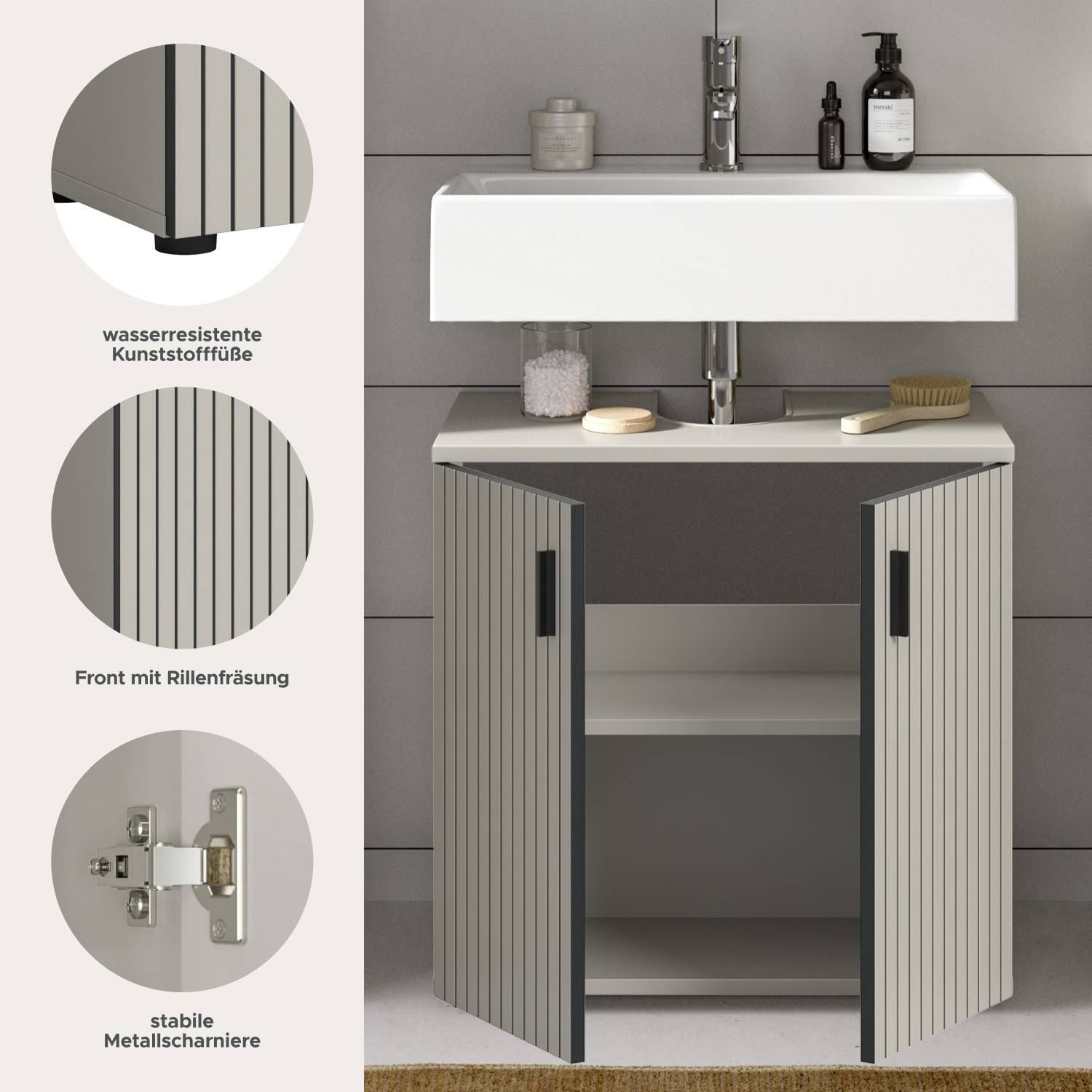 Waschtischunterschrank Details mit wasserresistenten Füßen, Rillenfräsung und stabilen Metallscharnieren – Loktos