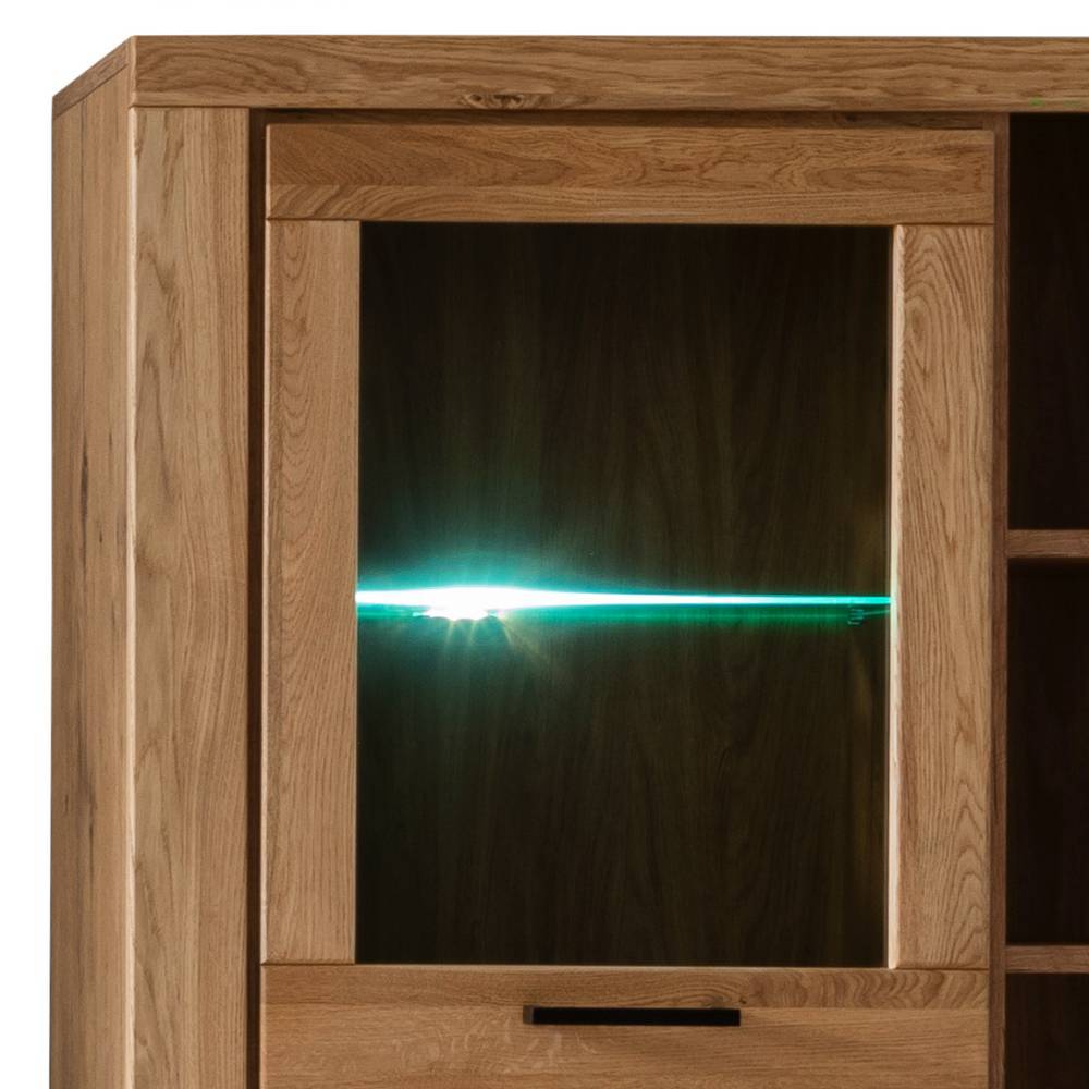 Vitrinenschrank aus Wildeiche mit Glastür, beleuchtetem Glasboden und Schublade – Scarlett