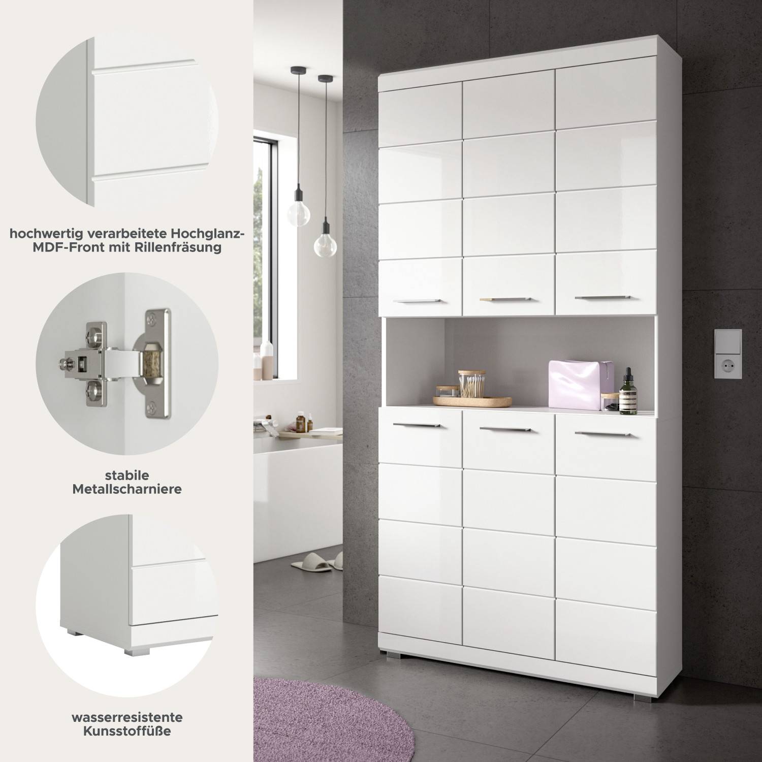 Hochwertiger Badezimmerschrank mit Hochglanz-MDF-Front, Metallscharnieren und wasserresistenten Füßen – Nanila