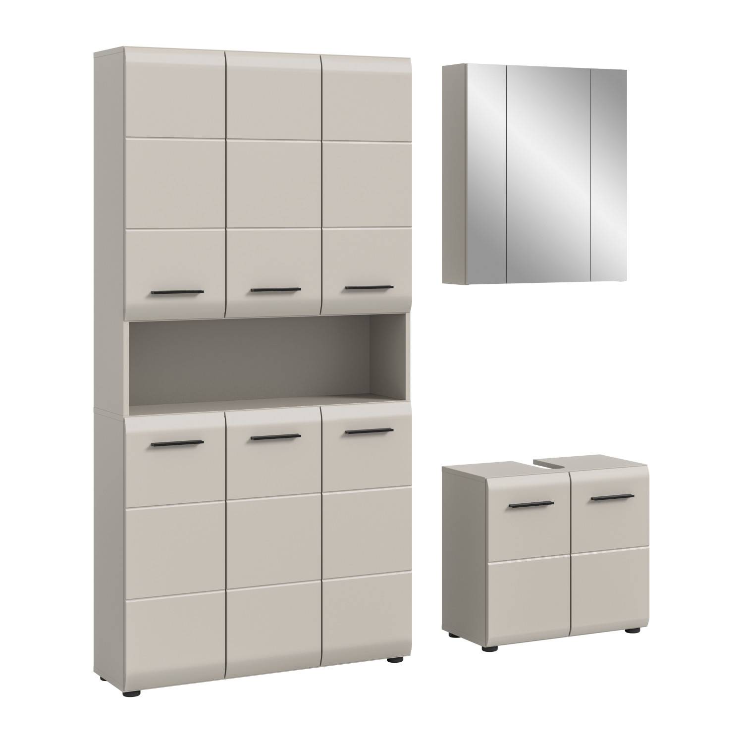 Dreiteiliges Badezimmerset in Beige mit abgerundeten Kanten und eleganten Griffen – Donostia