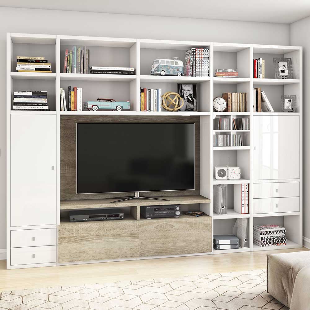 Wohnzimmer TV Mediawand in Glanz Weiß - Nano