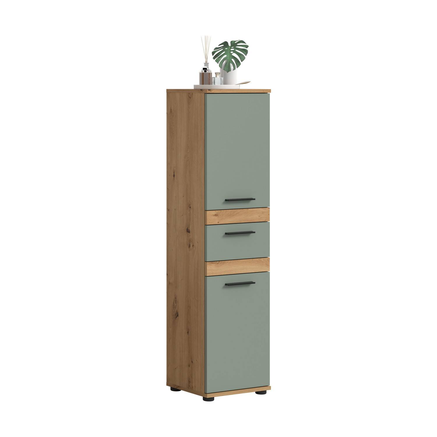 Hoher Badschrank in Salbeigrün und Holzdekor mit drei Fächern und Schublade – Luzanos
