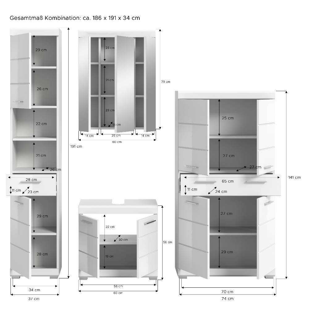 Badmöbel Komplettset in Weiß - Henriette (vierteilig)