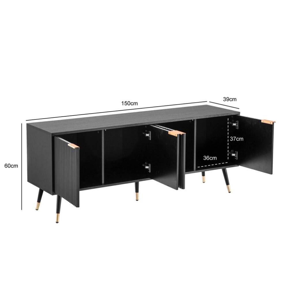 TV Board in Schwarz mit Maßen und Innenaufteilung der Fächer und Türen – Vacca