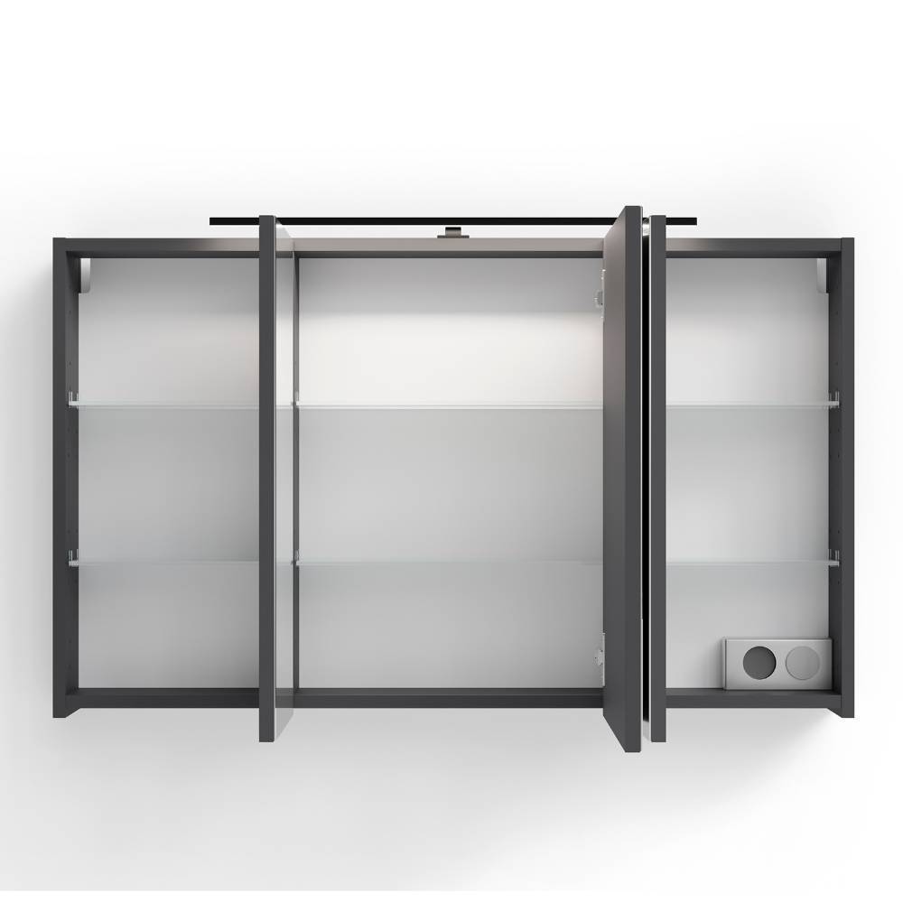 Offener 120cm Spiegelschrank Anthrazit mit drei Türen, Glasablagen und integrierten Steckdosen – Asta
