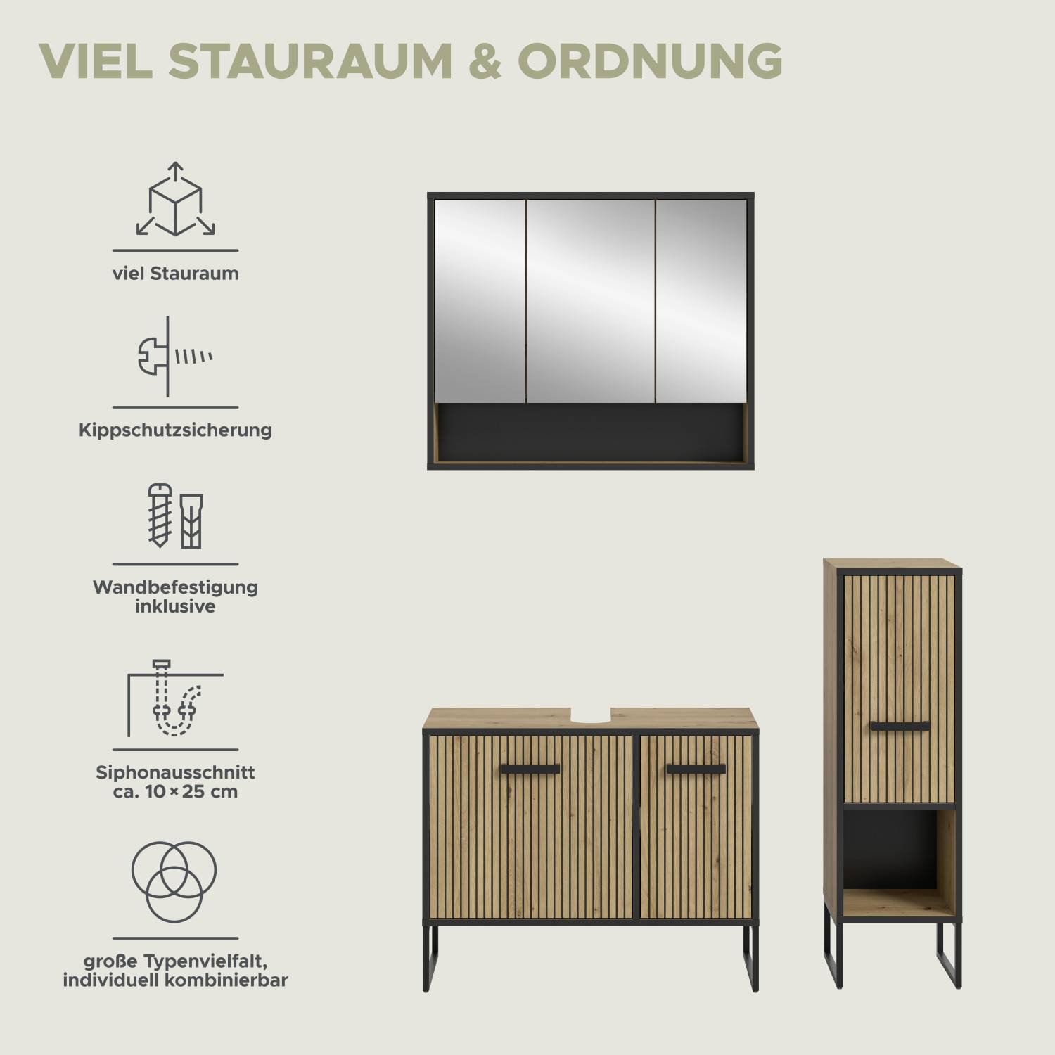 Dreiteiliges Badezimmermöbel Set im Loft-Stil mit Stauraum, Kippschutz und Siphonausschnitt – Brutannia