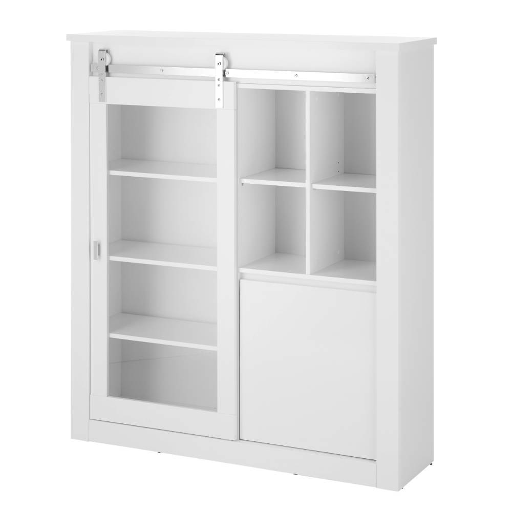 Weißes Highboard mit Glas-Schiebetür, offenen Fächern und Regalböden – Memphys