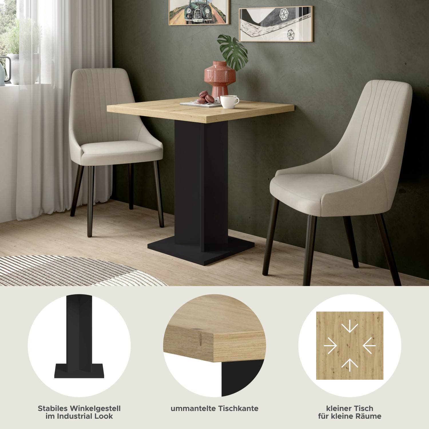 Kleiner Esstisch mit stabilem Winkelgestell im Industrial Look und ummantelter Tischkante – Norjan
