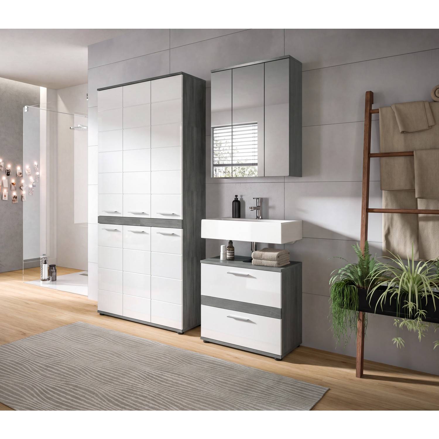 Modernes 3-teiliges Badezimmerset in Rauchgrau und Weiß Hochglanz mit Badschrank, Waschtisch und Spiegelschrank – Chapan