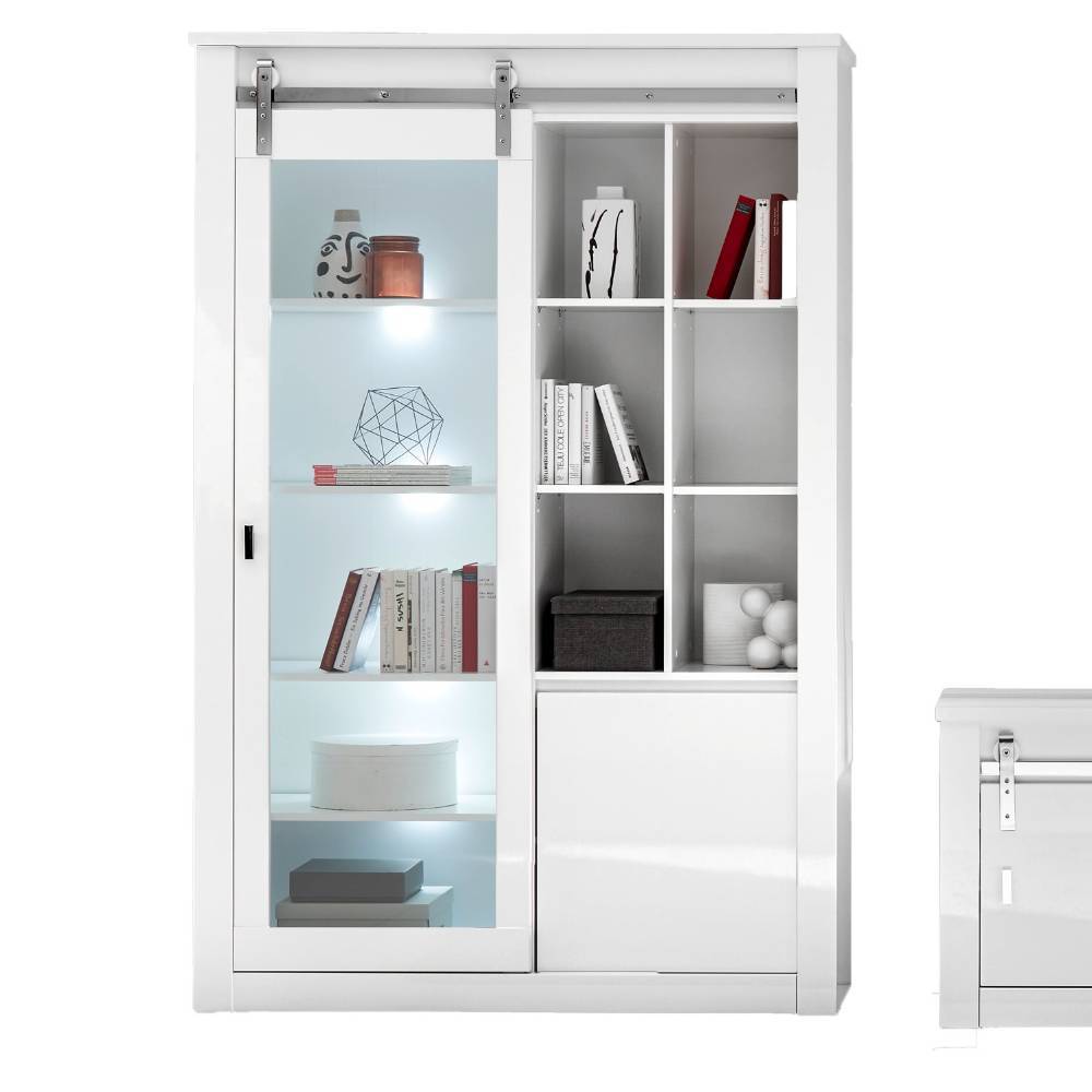 Weiße Vitrine mit Glas-Schiebetür und Regalfächern, innen beleuchtet – Memphys