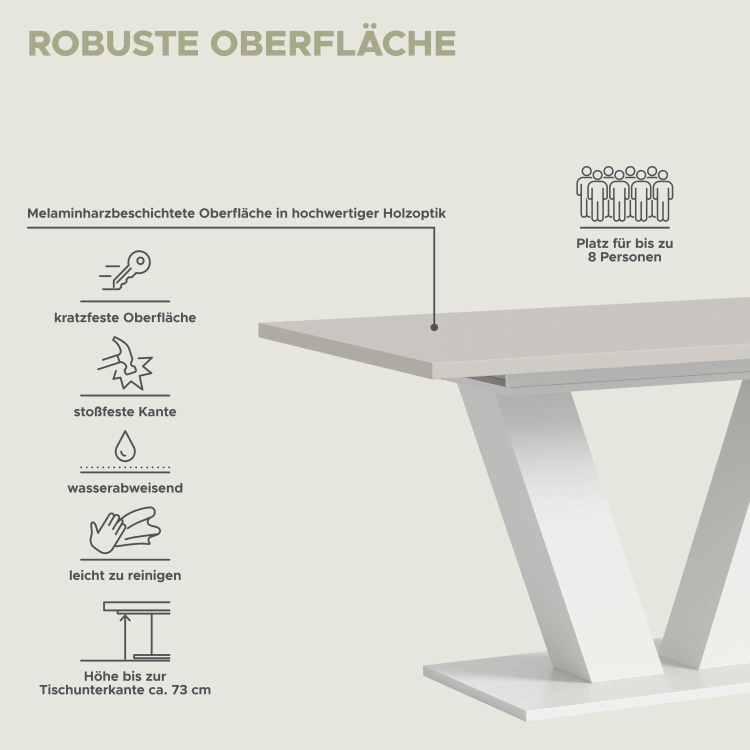 Robuste Oberfläche des Esstisches mit kratzfester Kante und Platz für 8 Personen – Luzyfa
