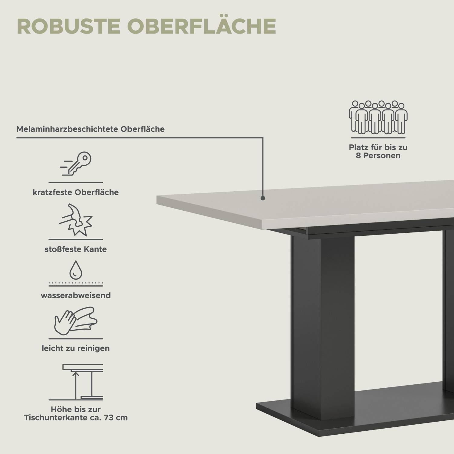 Robuste Oberfläche des Esszimmertisches kratzfest und wasserabweisend für 8 Personen – Nexter