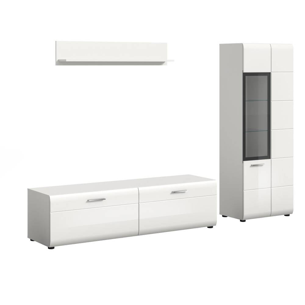 Weiße Hochglanz Anbauwand mit geschlossenem TV-Schrank, Wandregal und Vitrine mit Metallgriffen – Clona