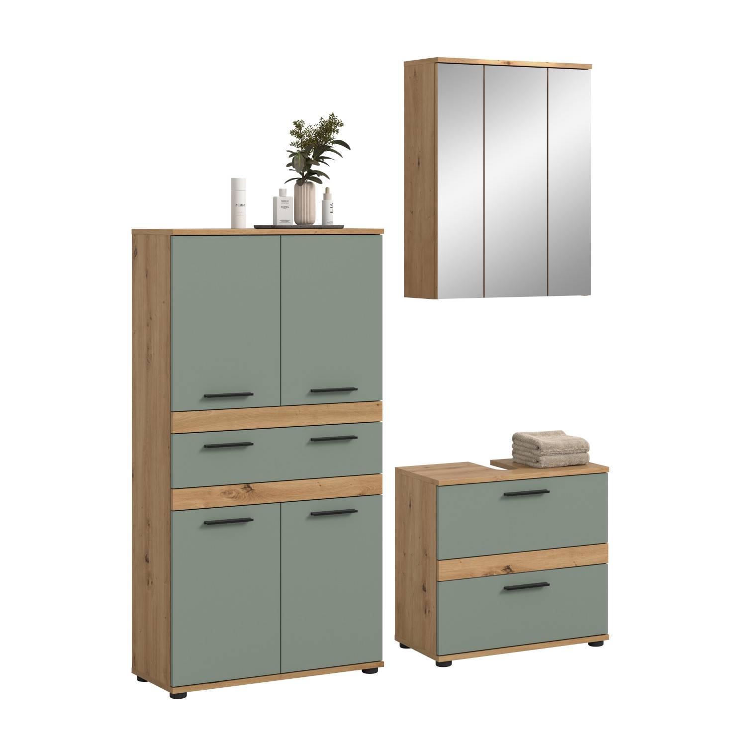 Modernes Badezimmer Set dreiteilig mit Hochschrank, Waschtischunterschrank und Spiegelschrank in Holzdekor – Luzanos