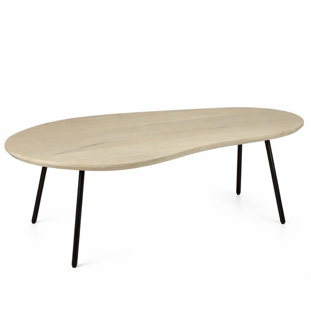 Freigestellter Couchtisch in Nierenform aus Mangoholz White Wash mit schwarzen Metallbeinen – Yaniz