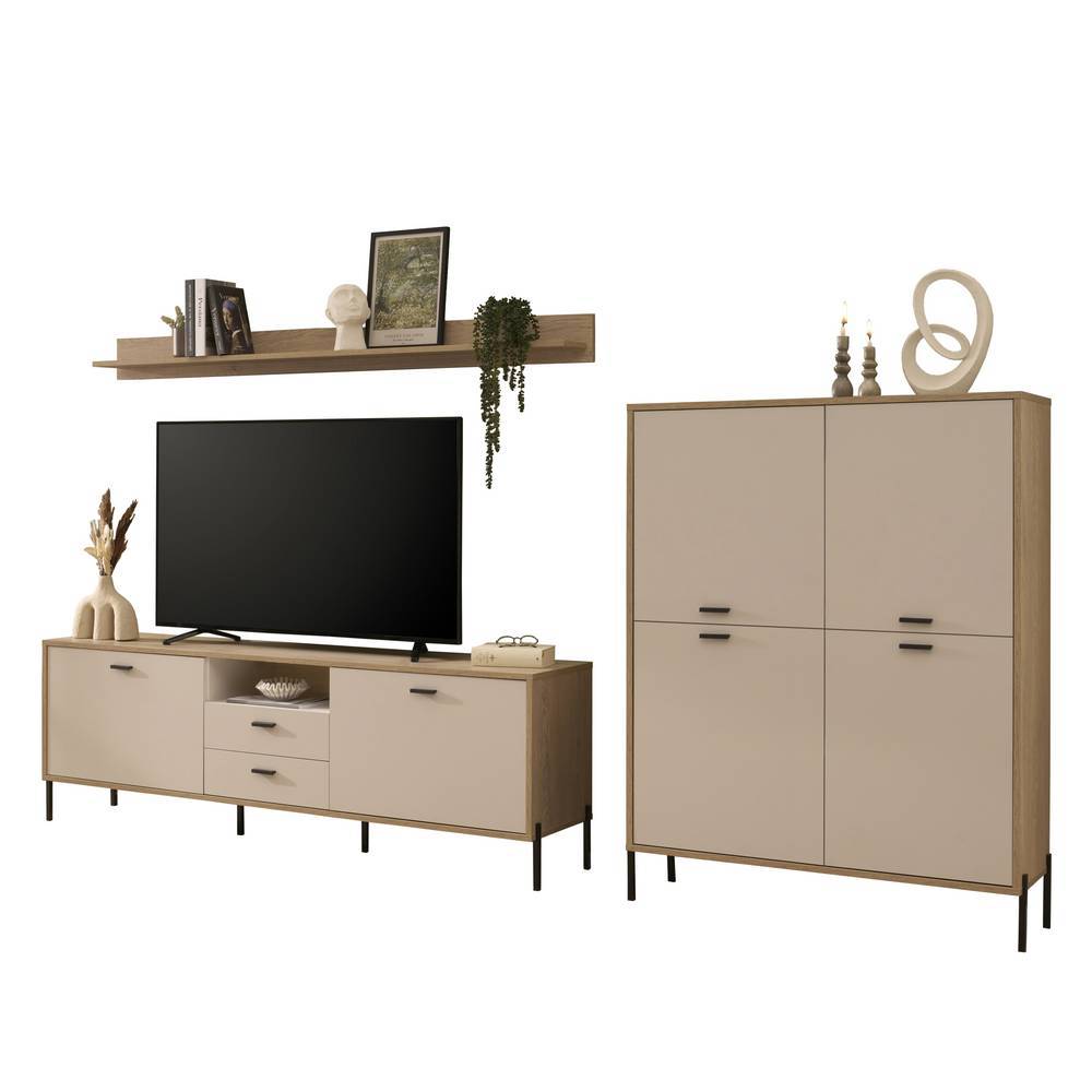 Dreiteiliges TV Wohnwand Möbel Set mit Hochschrank, TV-Board und Wandregal in Beige und Holzoptik – Dasanti