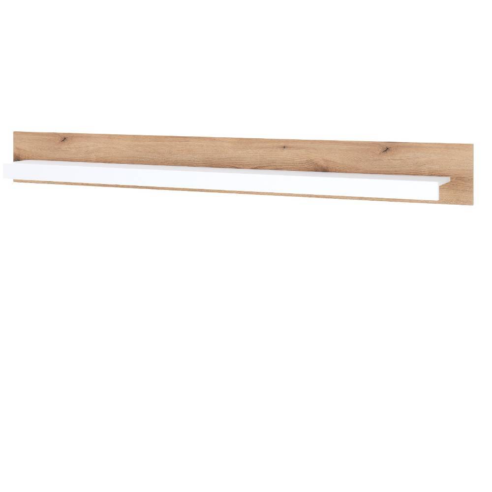 Modernes Wandregal mit weißer Ablage und Rückwand in warmer Holzoptik für das Wohnzimmer – Adejano
