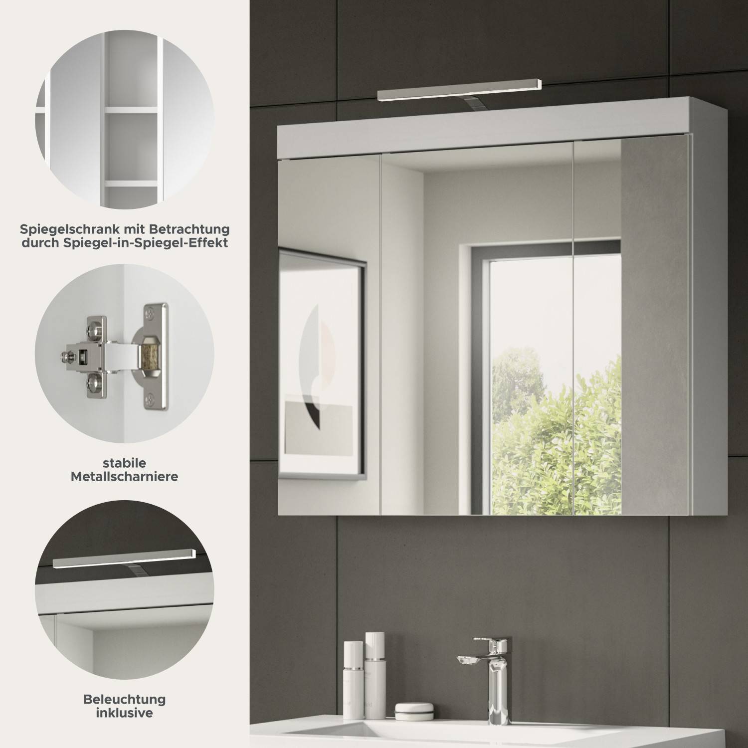 Badspiegelschrank Bruna II Details mit Spiegel-in-Spiegel-Effekt, Metallscharnieren und Beleuchtung – Bruna
