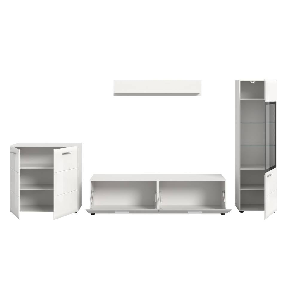 Vierteilige, weiße Wohnwand mit offenem Highboard, TV-Lowboard, Vitrine und Wandregal – Clona