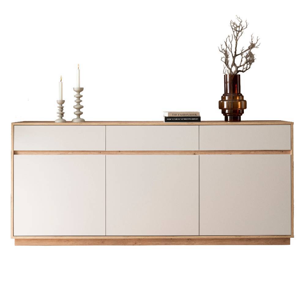 Hellgraues Sideboard mit Holzplatte und drei Türen sowie drei Schubladen – Spain