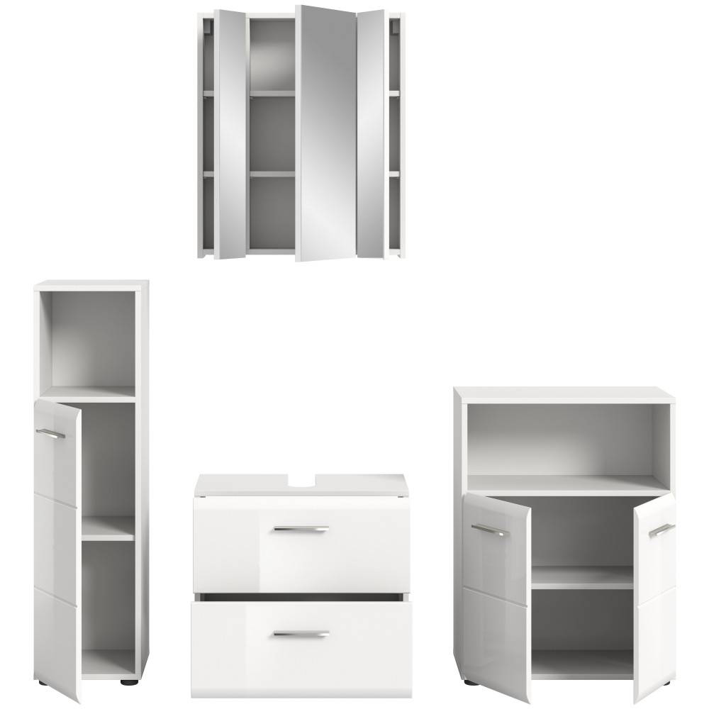 Vierteiliges Badmöbelset Clona mit Spiegelschrank, Hochschrank, Waschtischunterschrank und Seitenschrank – Clona