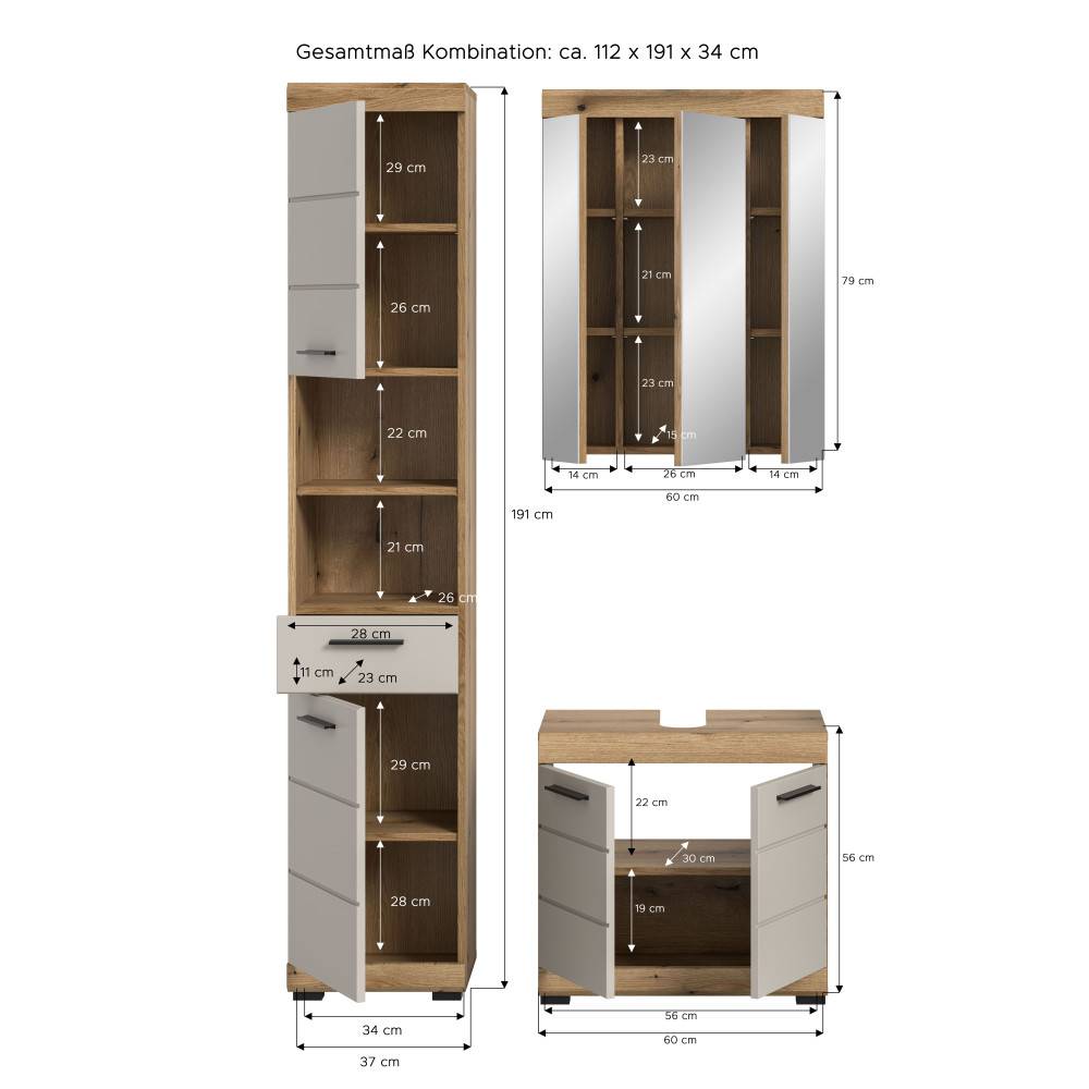 Badmöbelset Casserra Maße und Abmessungen für Hochschrank, Spiegelschrank und Waschbeckenunterschrank – Casserra